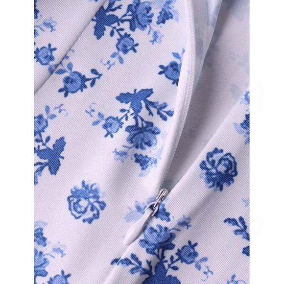 Floral Print Blue on White Long Dress Sheath, Drawstring Ties Maxi Stretchy - Picture 12 of 13